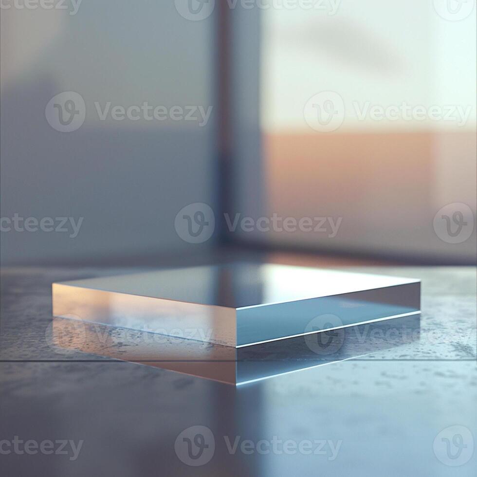 A glass cube sitting on a table in front of a window photo