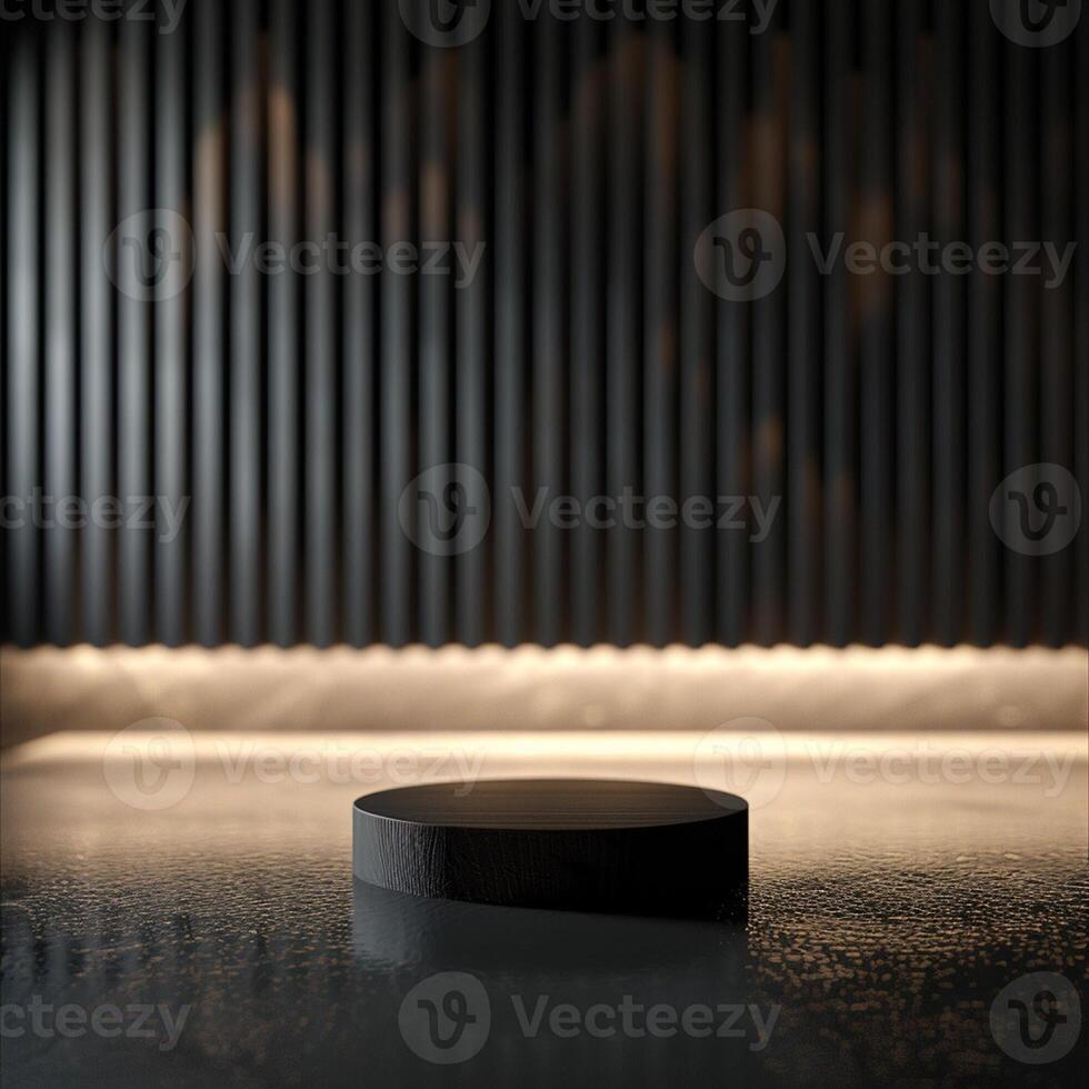 A black round object sitting on a table in front of a wall photo