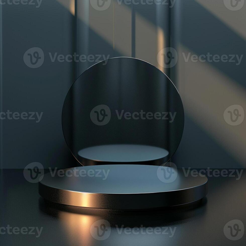 A round mirror on a black table in front of a wall photo