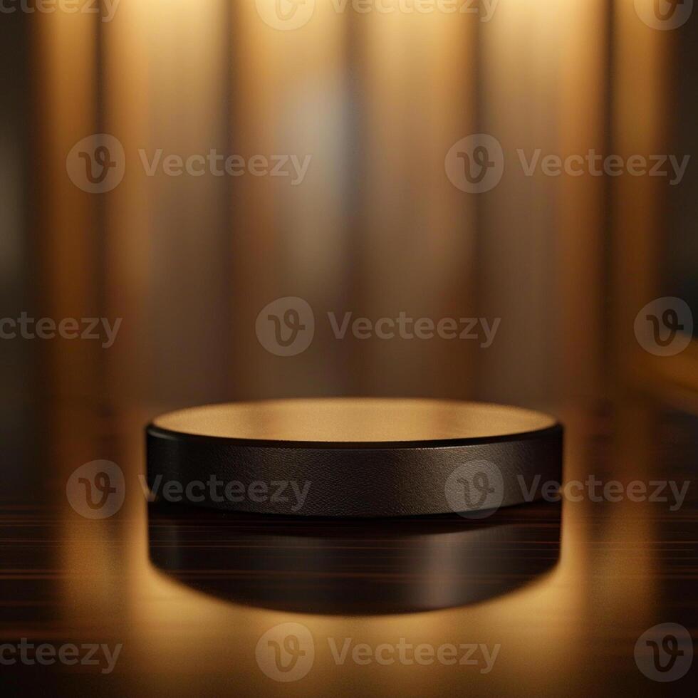 A black round object on a wooden table photo