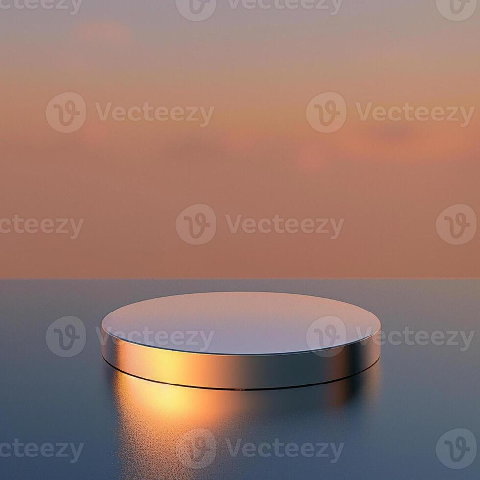 An empty round table on a table with a sunset in the background photo