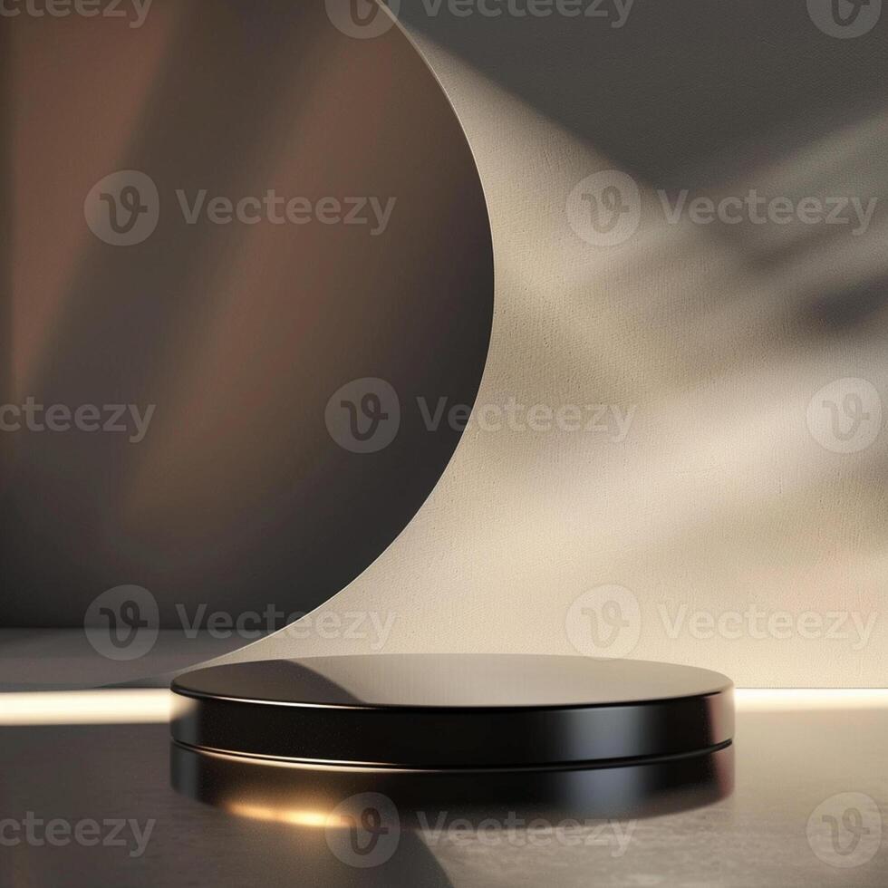An empty black round table in front of a wall photo