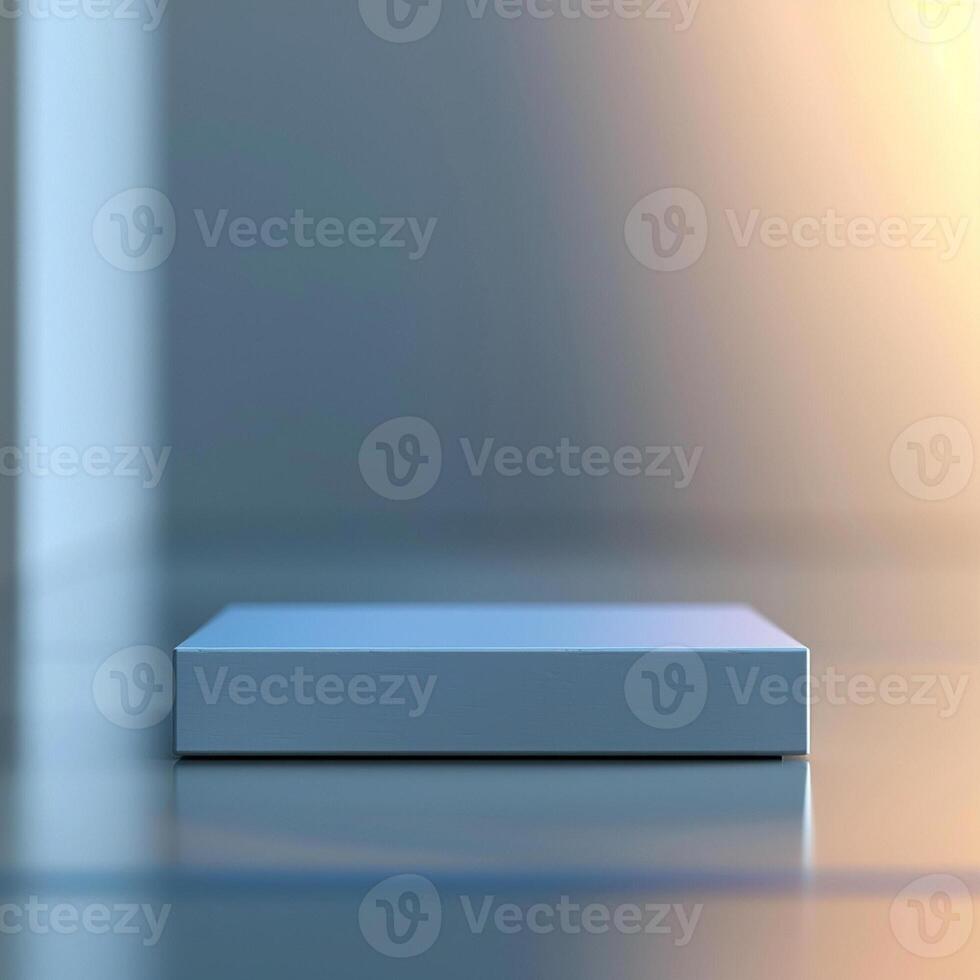 A blue box sitting on a table in front of a window photo