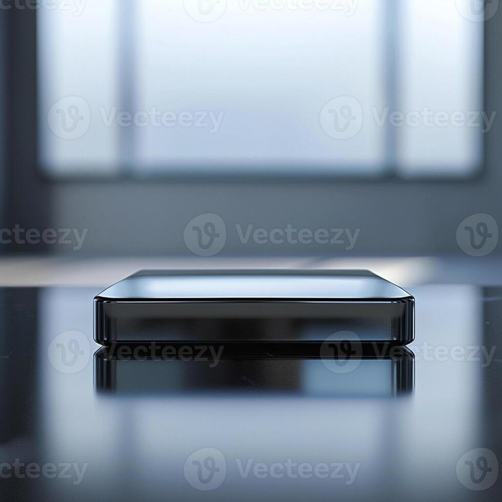 A black and white device sitting on a table photo
