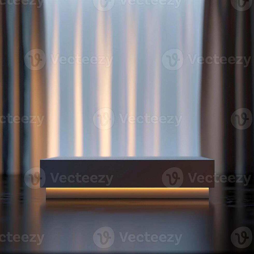 A white box sitting on a table in front of curtains photo