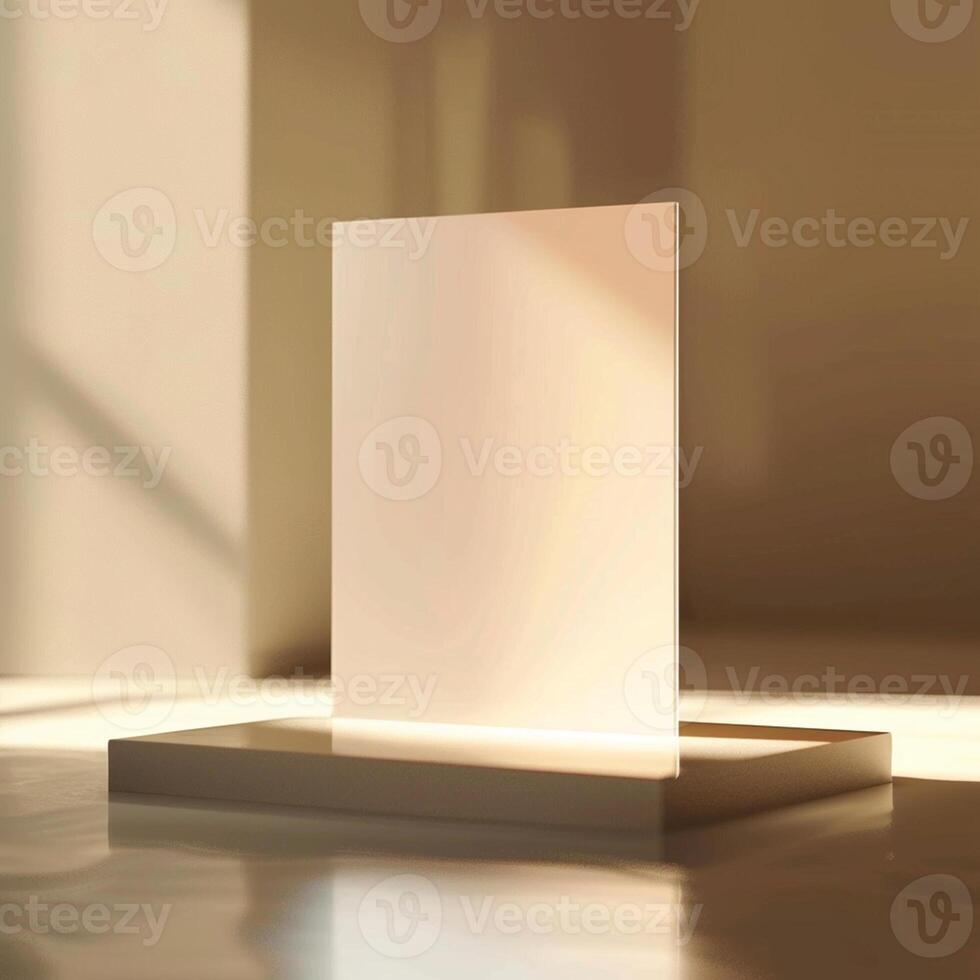 A blank white box sitting on a table in front of a window photo