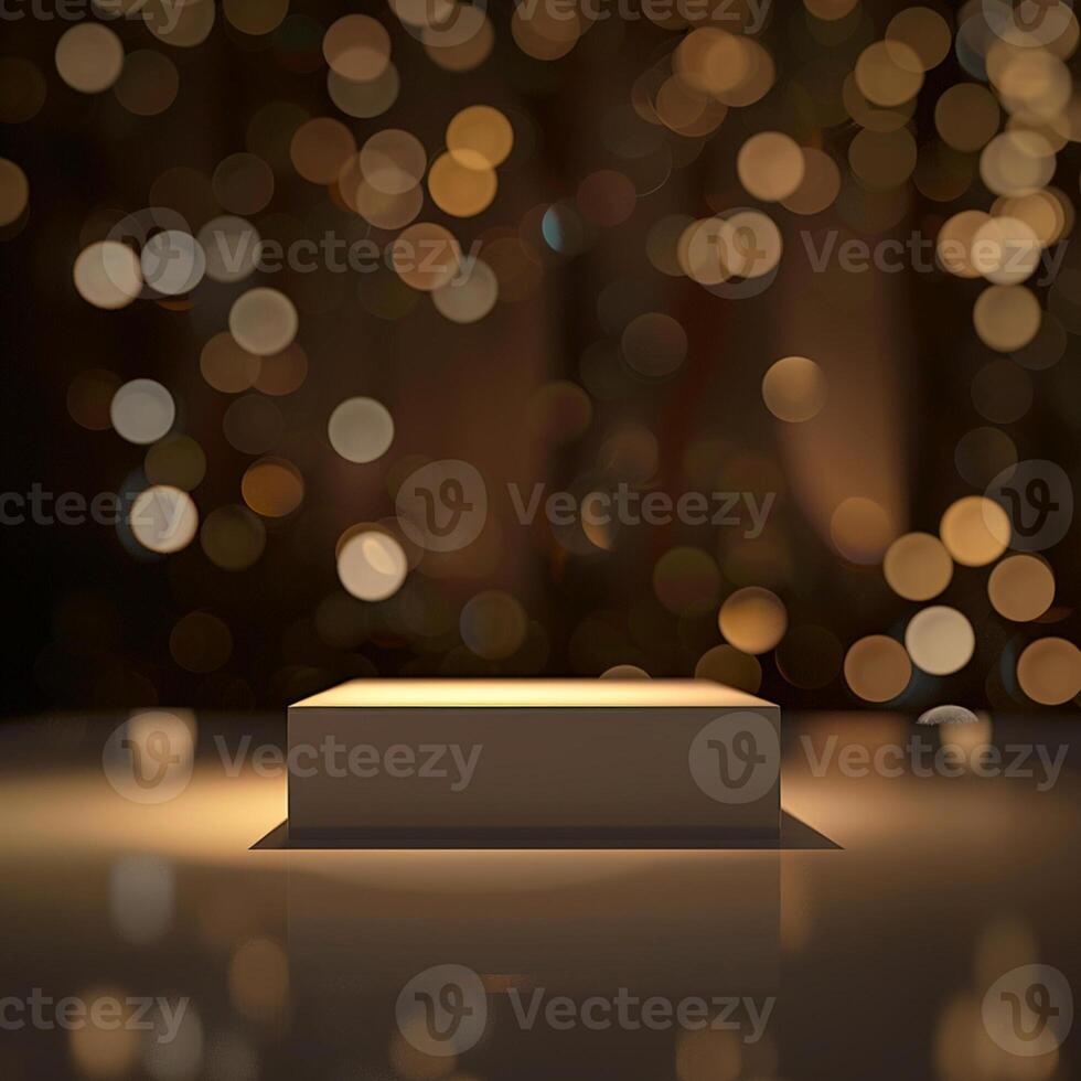 An empty box on a table in front of a blurred background photo