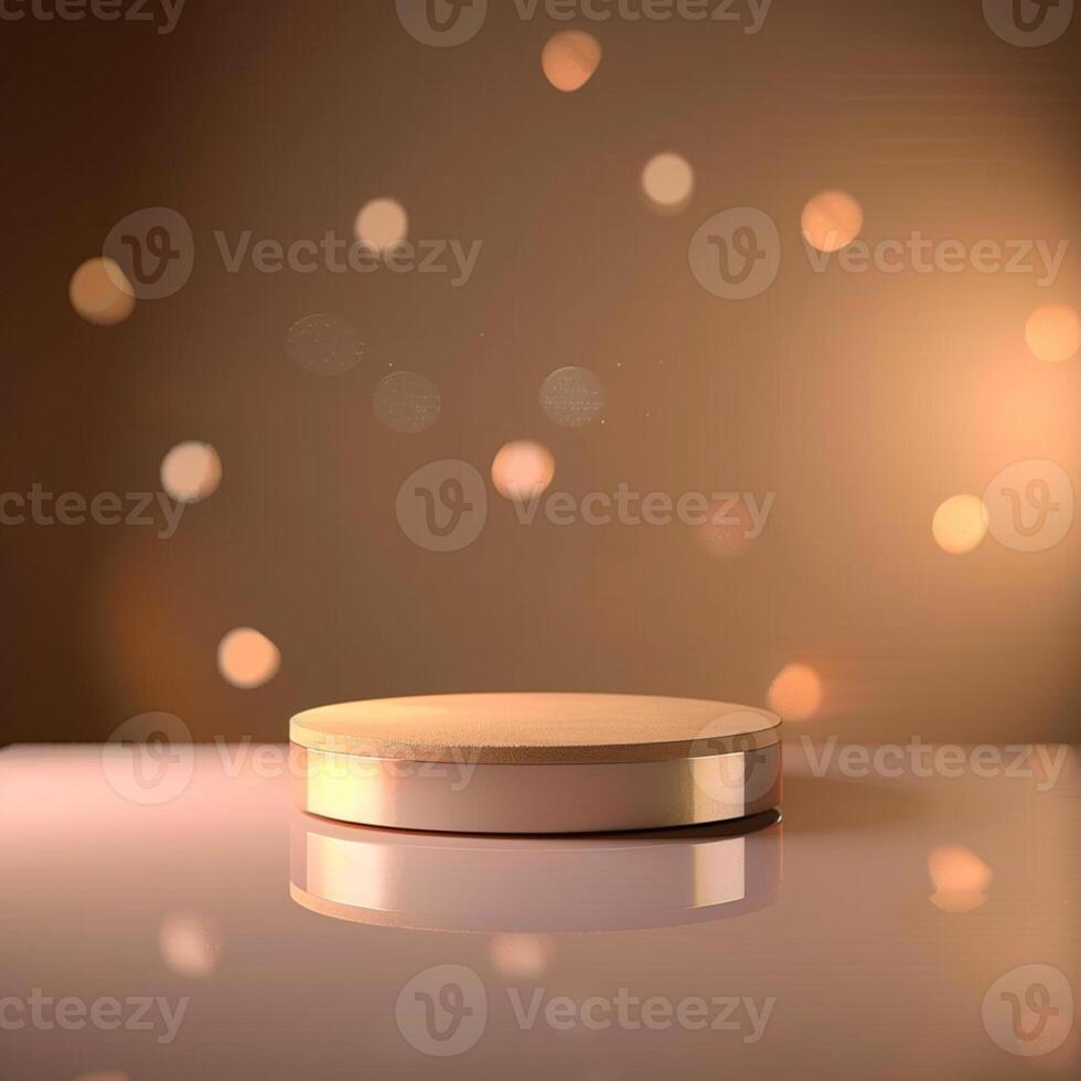 An empty wooden box on a table with lights photo