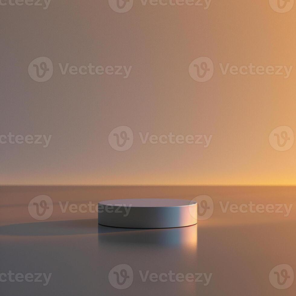 An empty white pedestal sitting on a table in front of a sunset photo