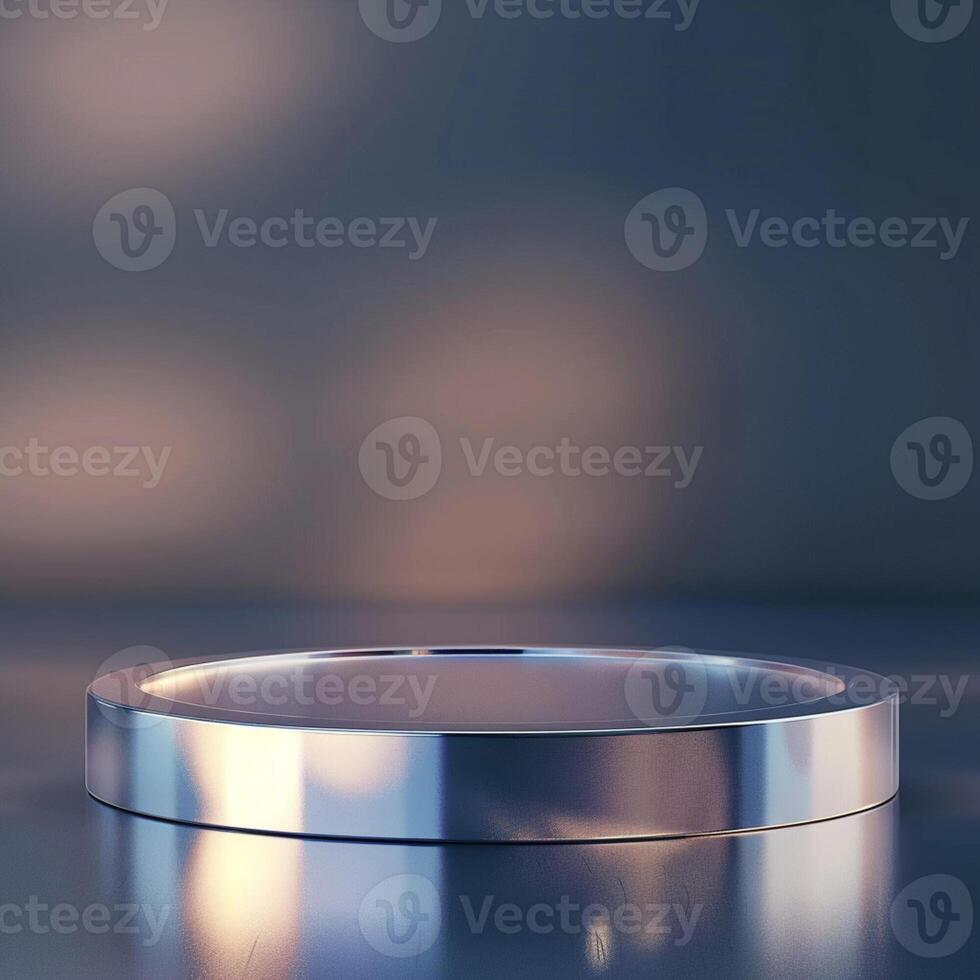 A silver round table with a light shining on it photo