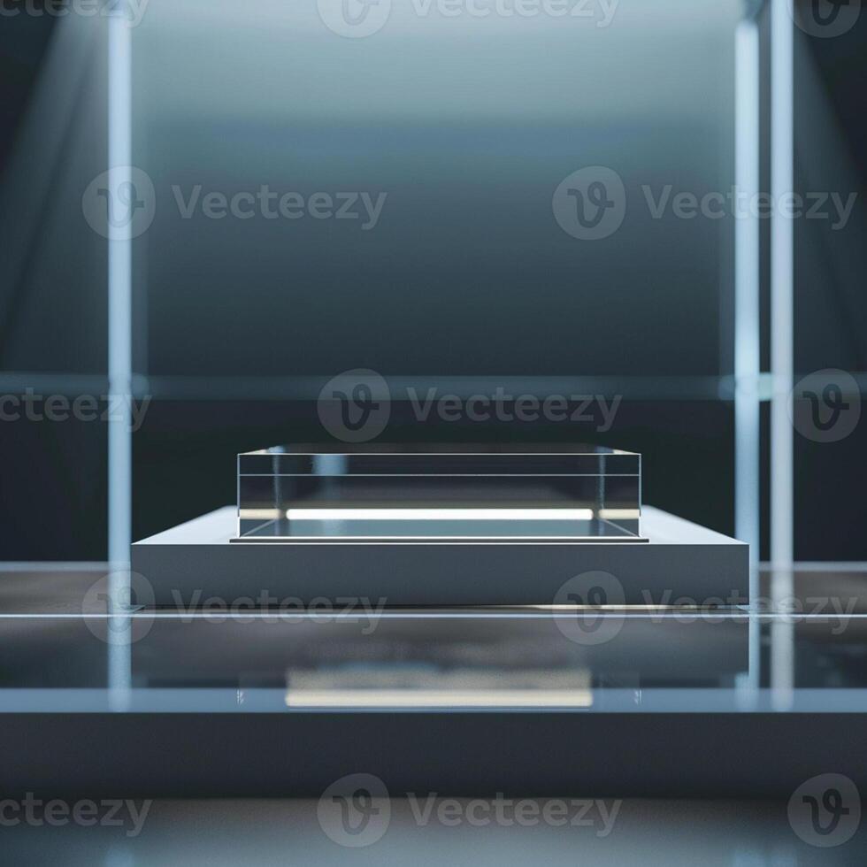 A glass display case with a small object on it photo