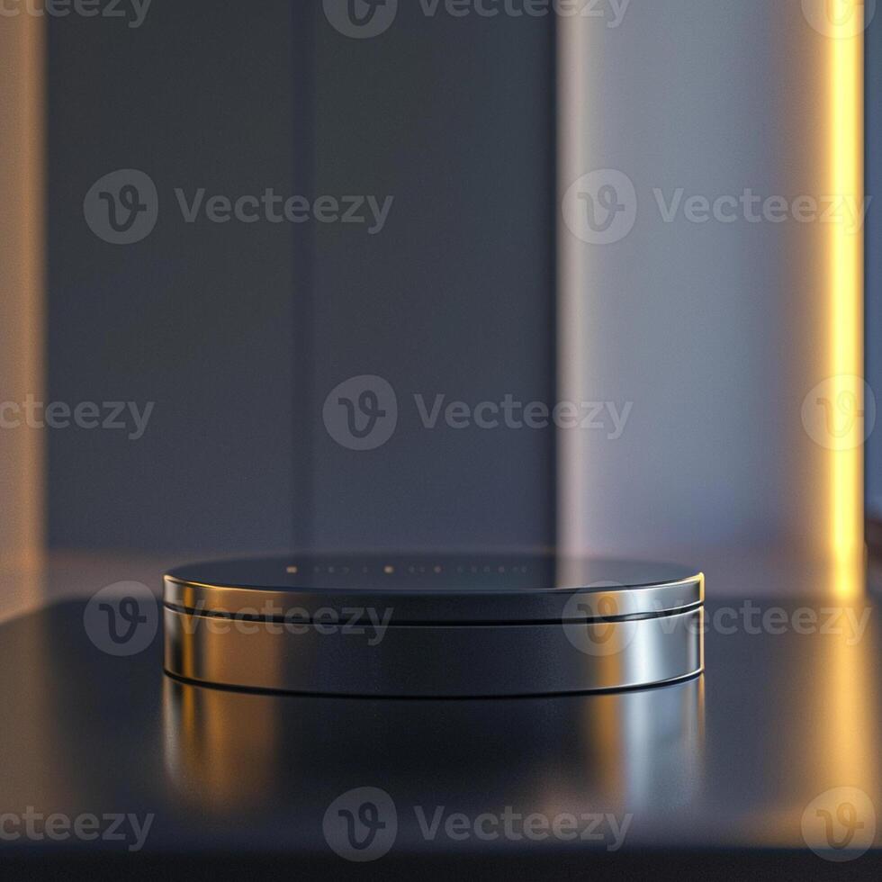 A black box sitting on a table in front of a wall photo