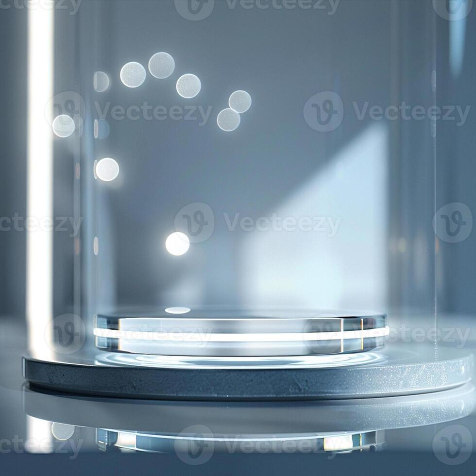 A glass display case with a light shining on it photo