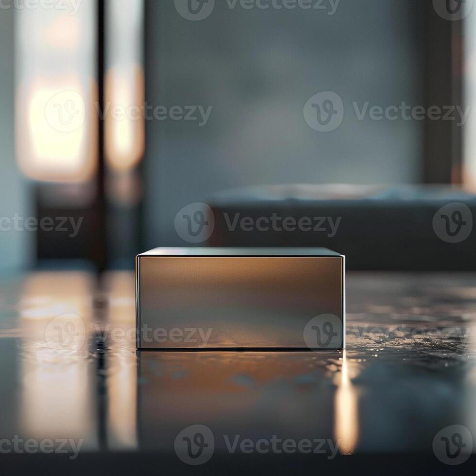 A square box sitting on a table in front of a window photo