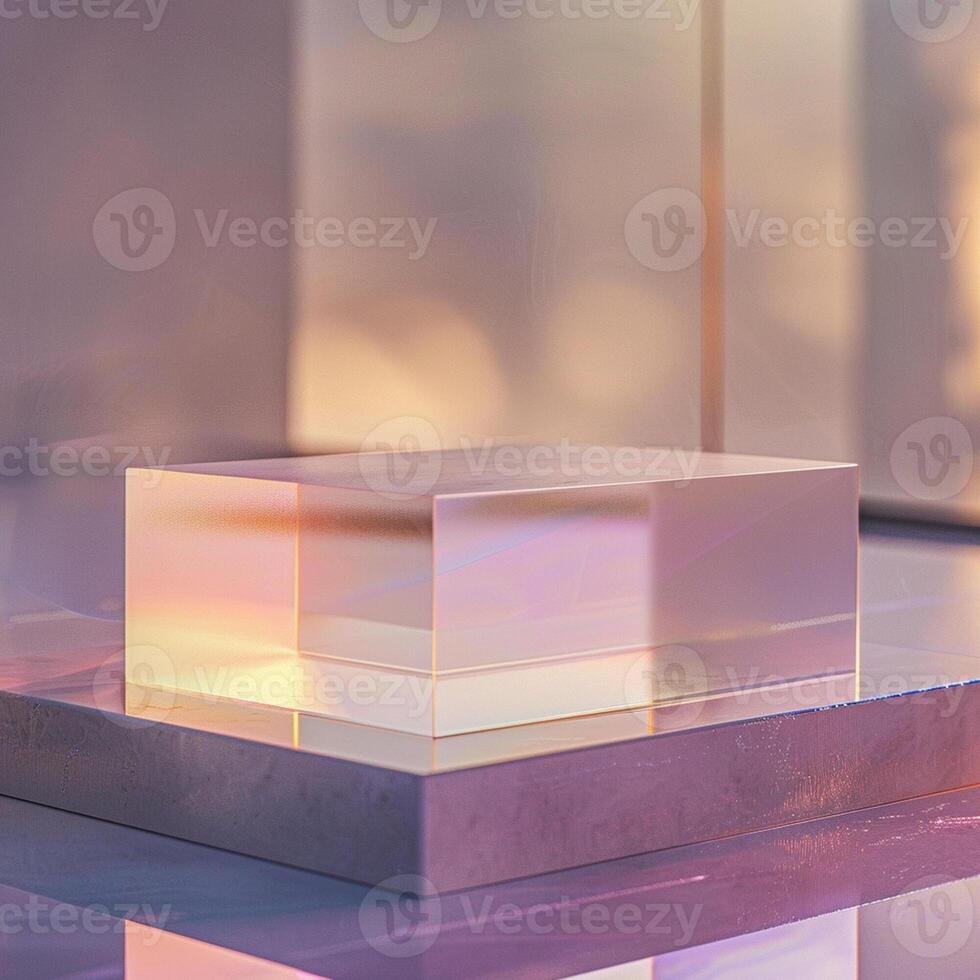 A glass cube sitting on a table in front of a window photo