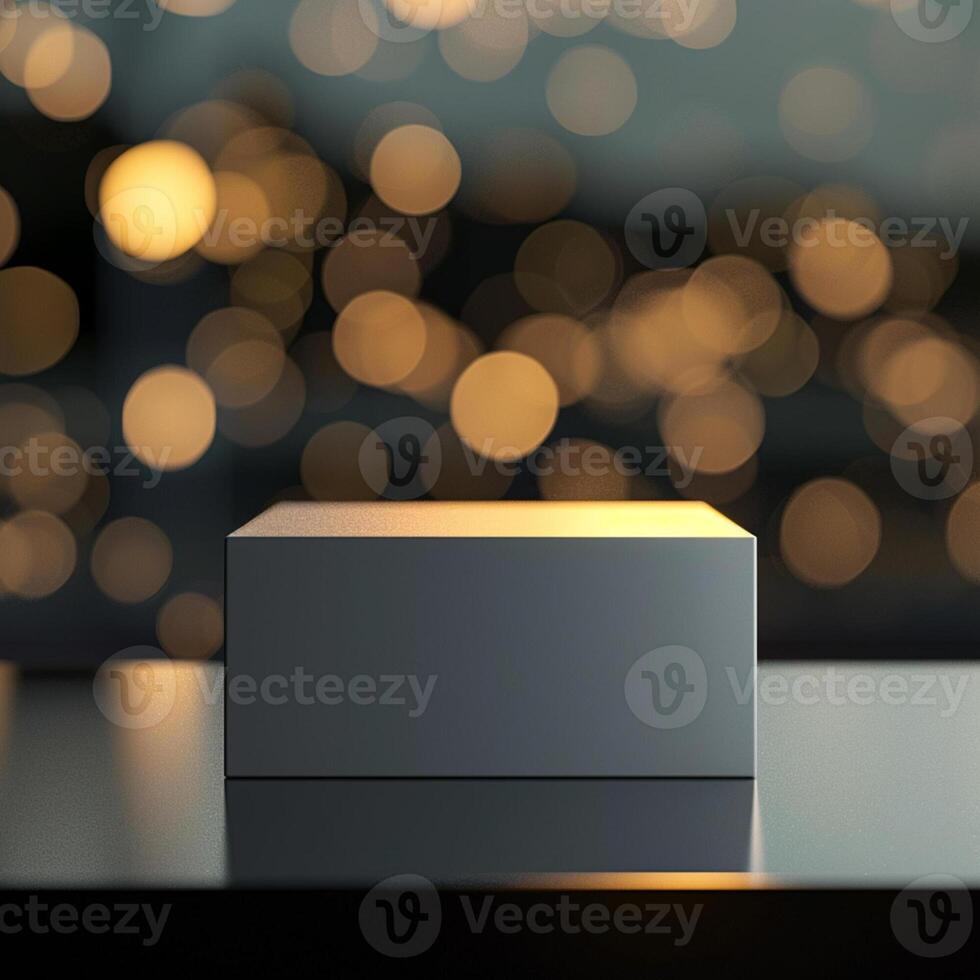 A white box sitting on a table in front of a blurred background photo