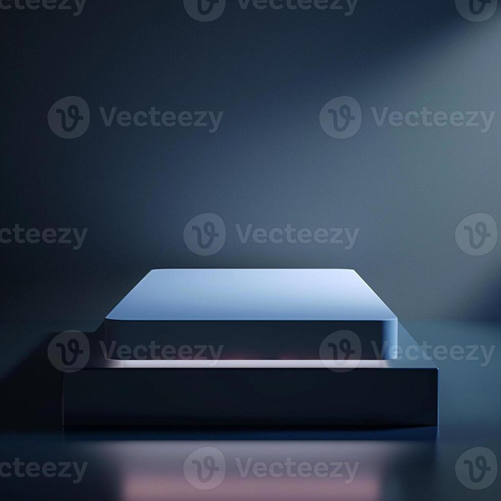 A blue box sitting on a table in front of a dark background photo