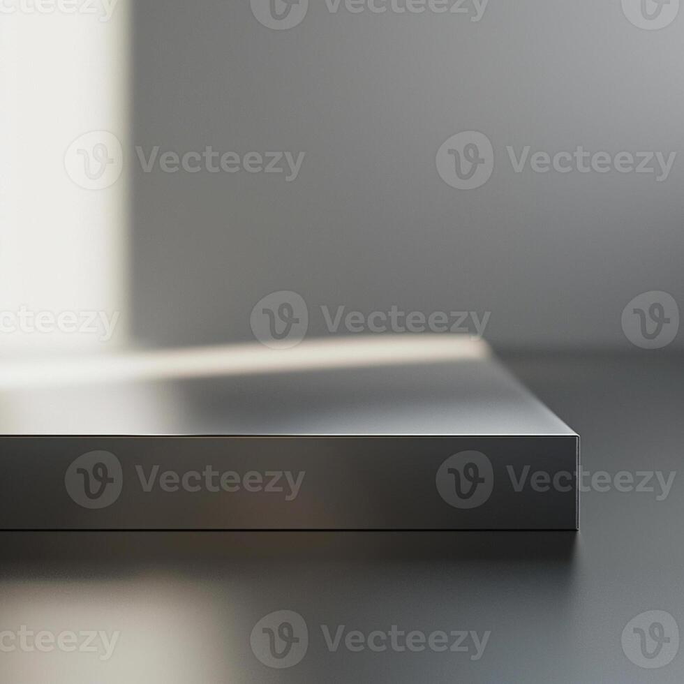 A white box sitting on a table in front of a wall photo