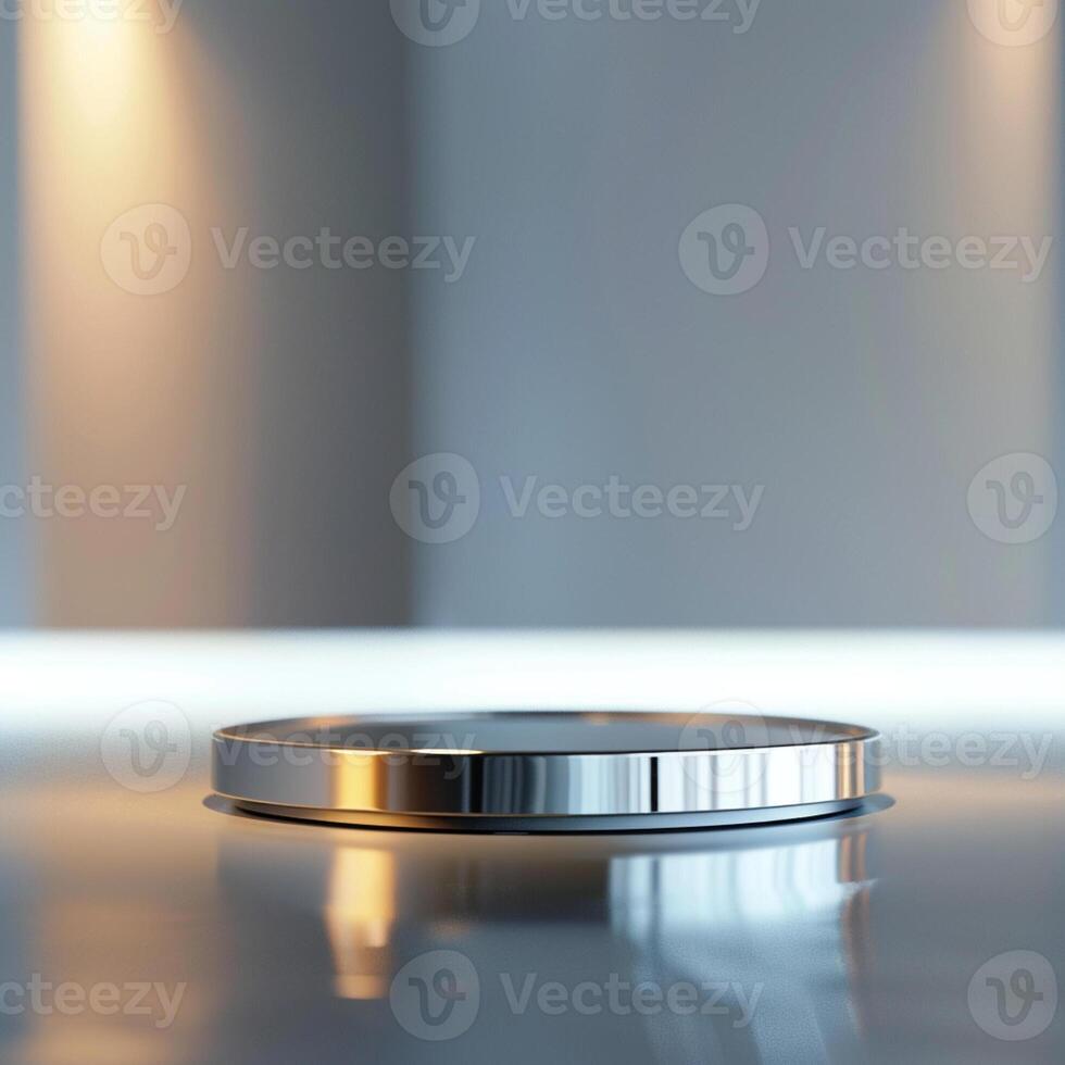 A silver plate on a table in front of a wall photo