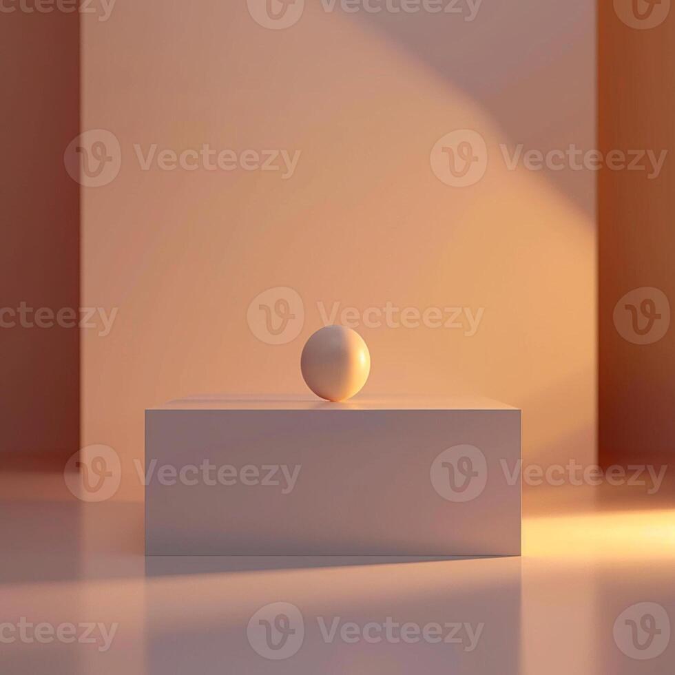 A white ball sits on a white box in a room photo