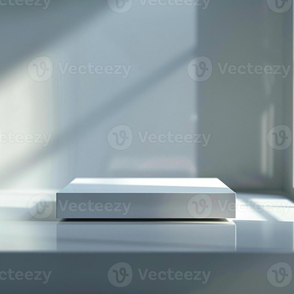 A white box sitting on a table in front of a window photo