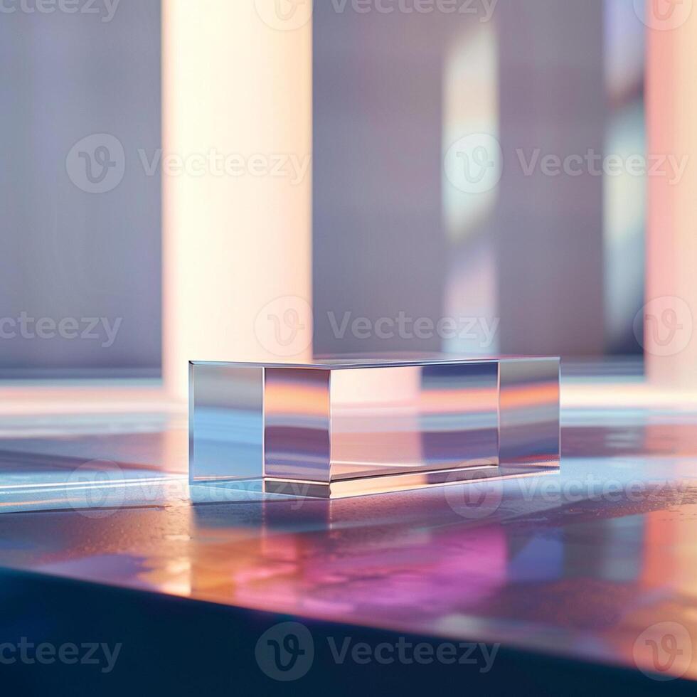 A glass cube sitting on a table in front of a window photo