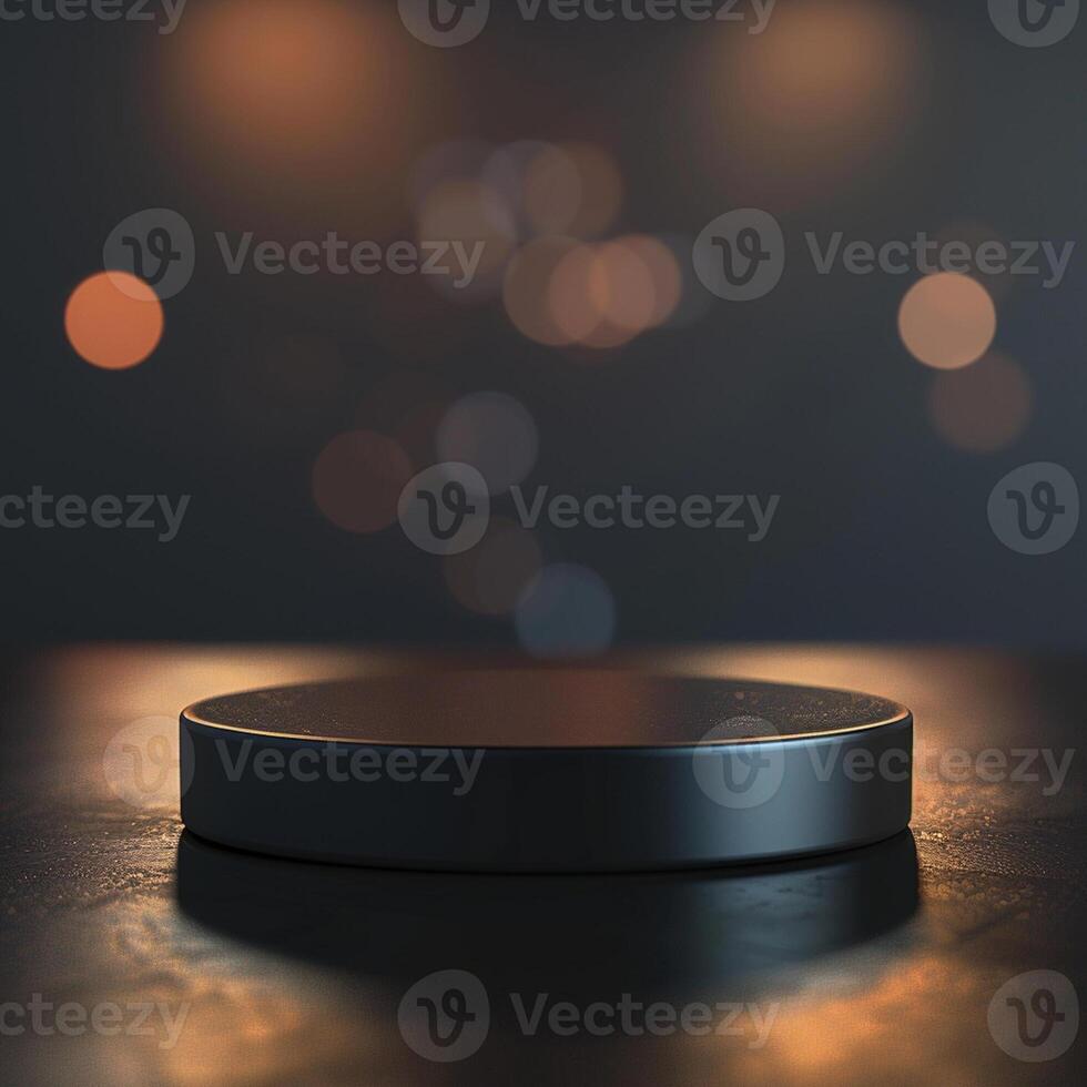 An empty black box sitting on a table in front of a light photo