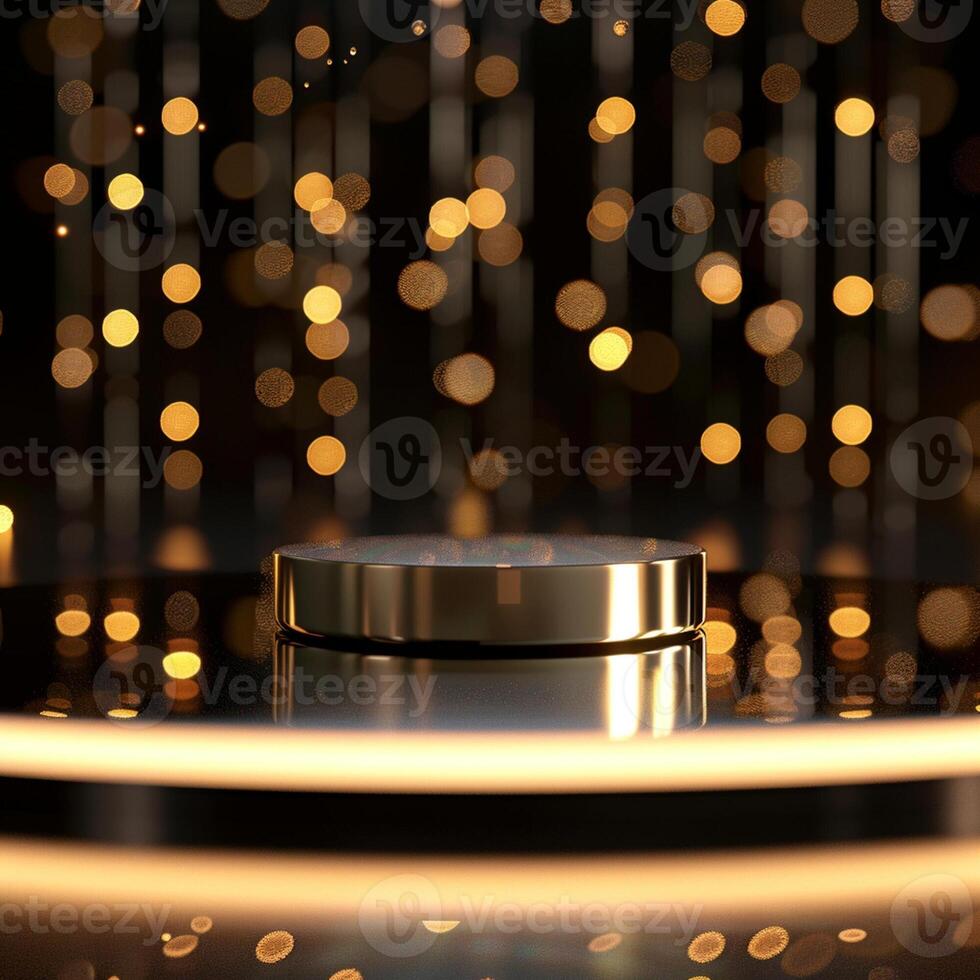 A golden object on a table in front of a background of lights photo