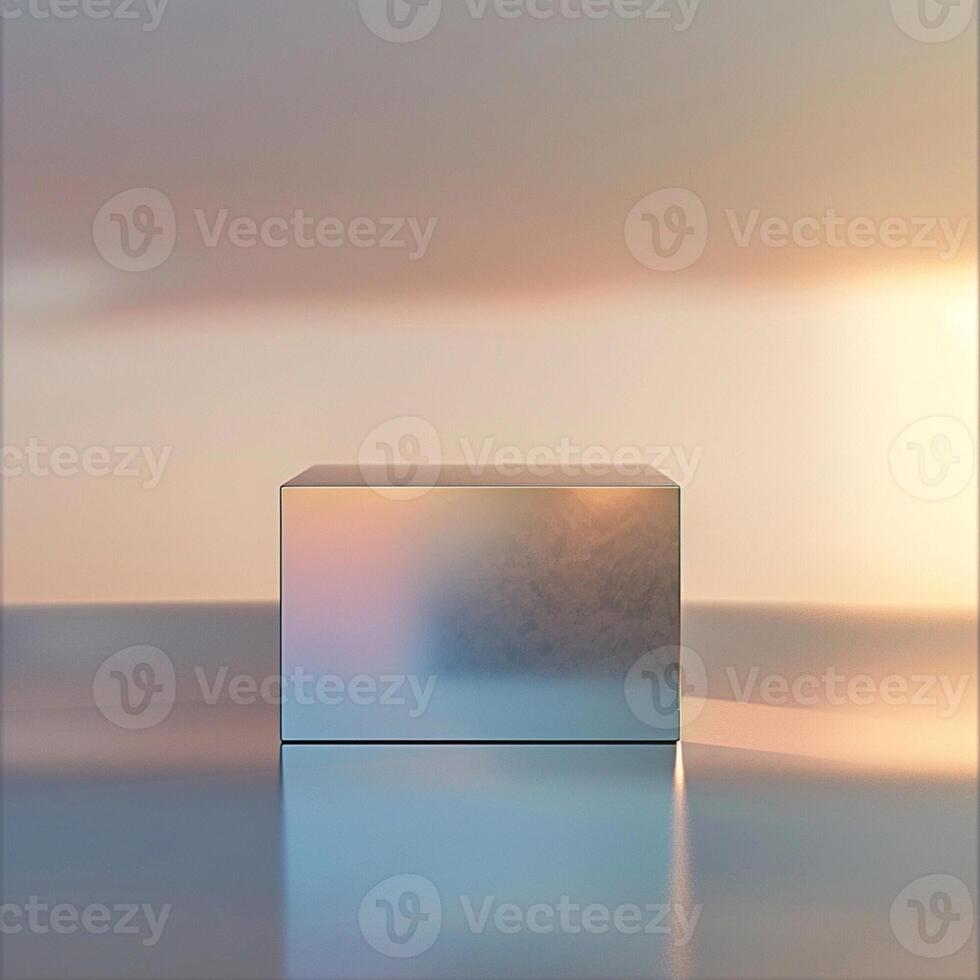 A cube sitting on a table in front of a sunset photo