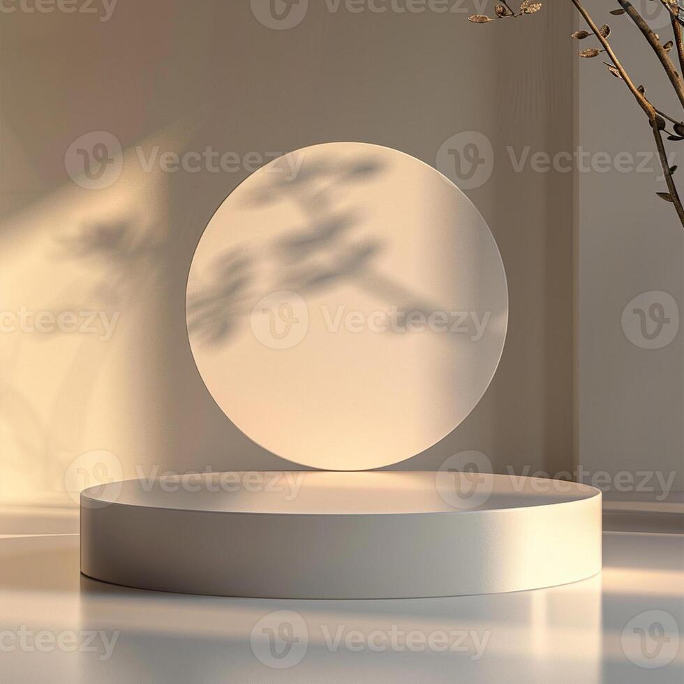 A white circular object on a pedestal in front of a tree photo