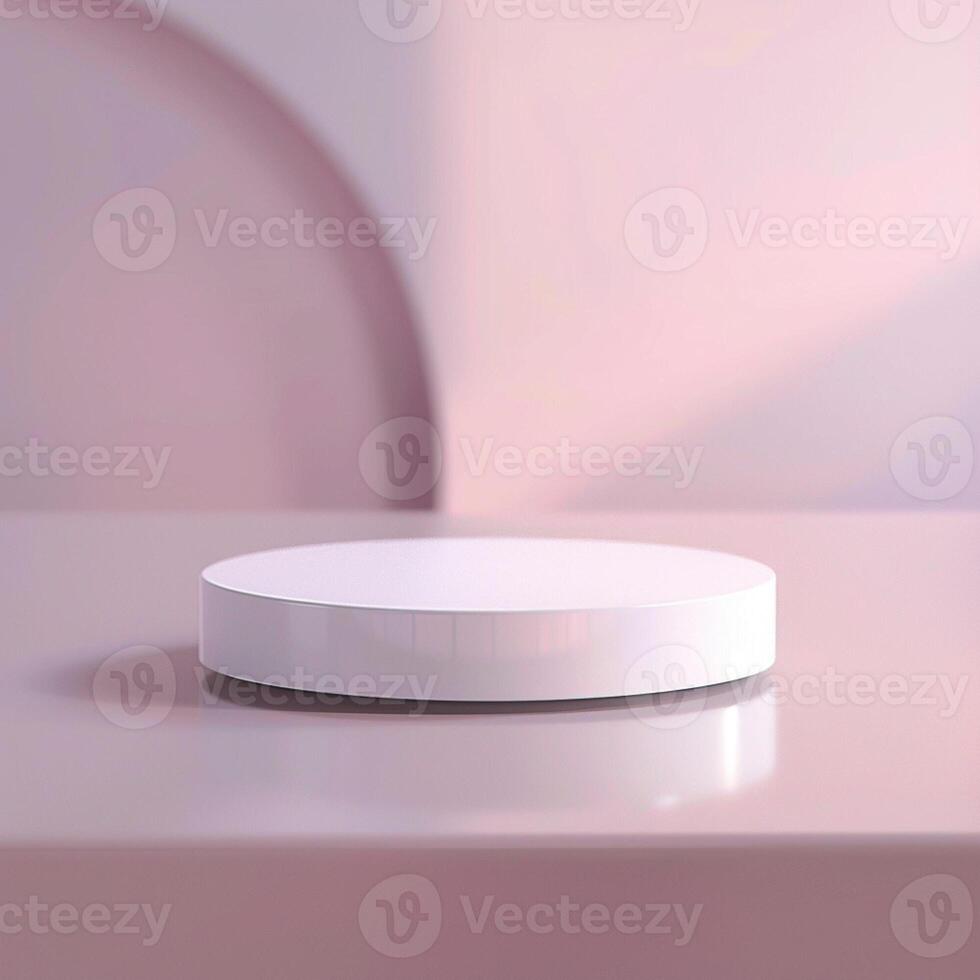 A white circular object on a table in front of a pink background photo