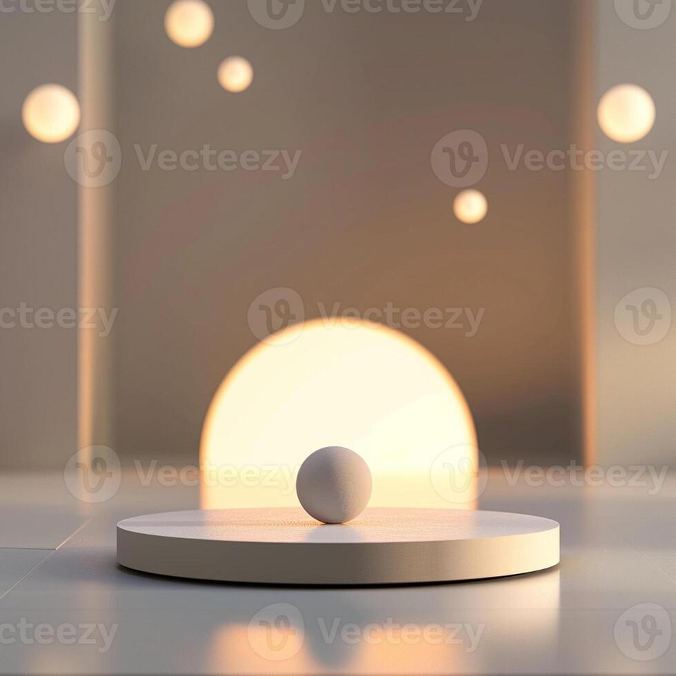A white ball on a pedestal in front of a light photo