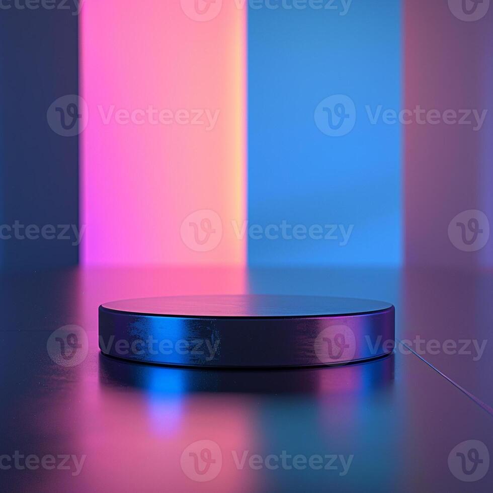 A round object sitting on a table in front of colorful lights photo