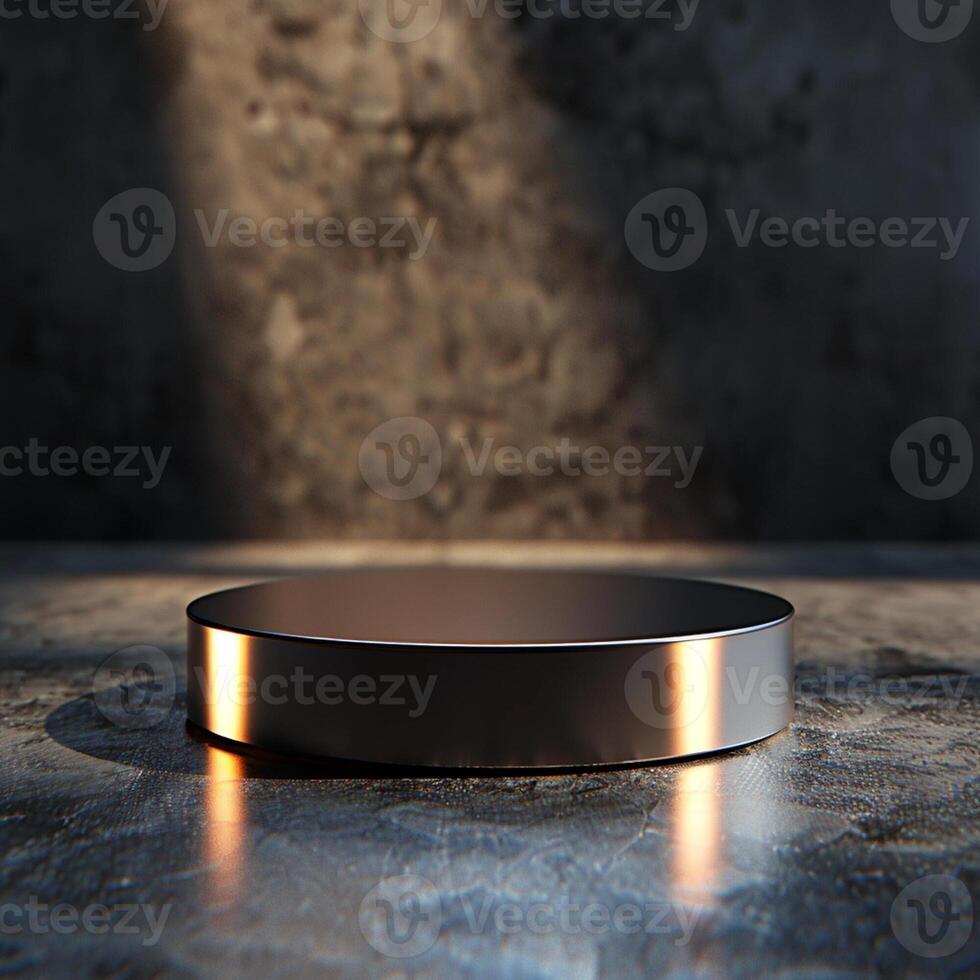 A round object on a table in front of a wall photo