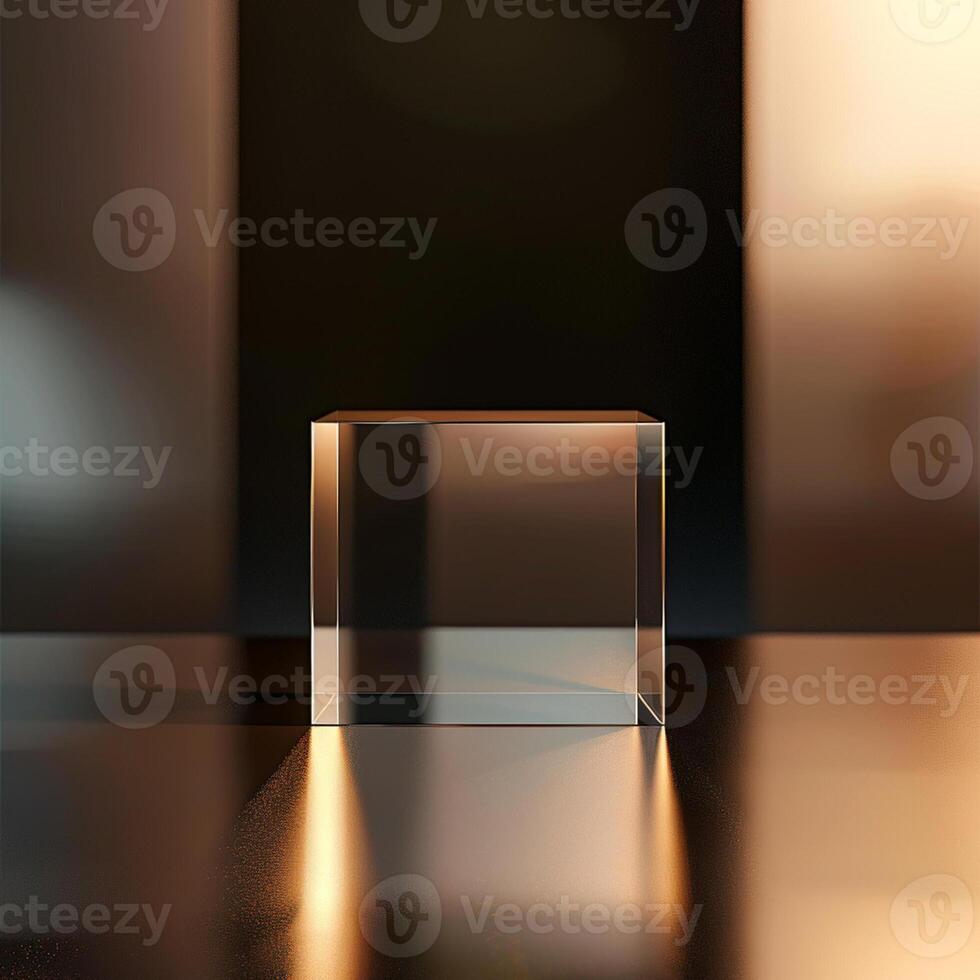A glass cube sitting on a table in front of a blurred background photo