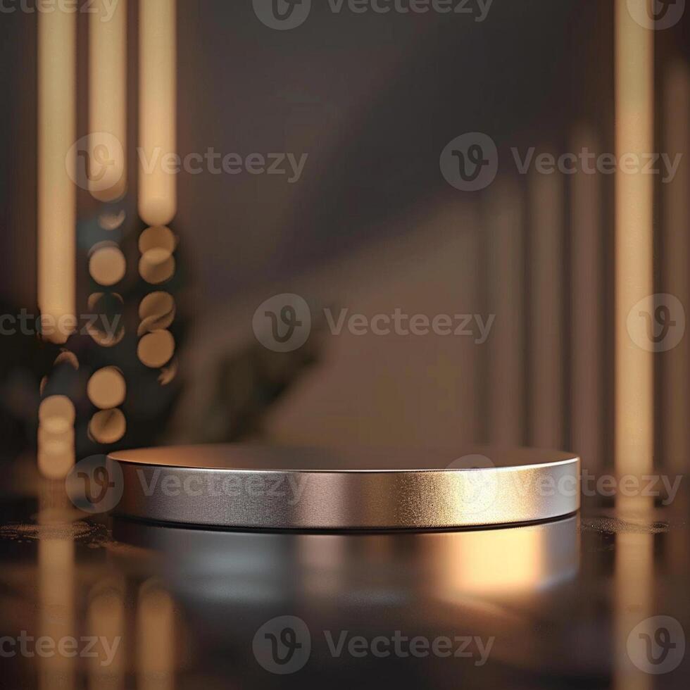 A metal object on a table with lights in the background photo