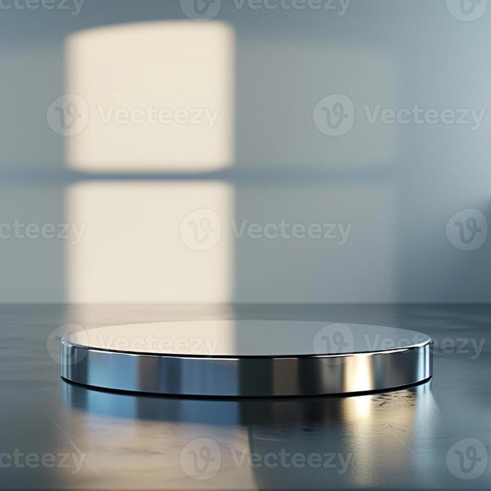 A round metal pedestal on a table in front of a window photo