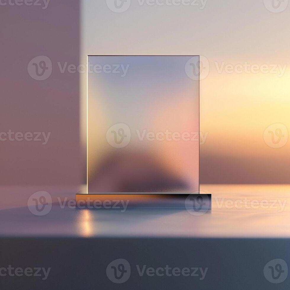 A square glass on a table in front of a window photo