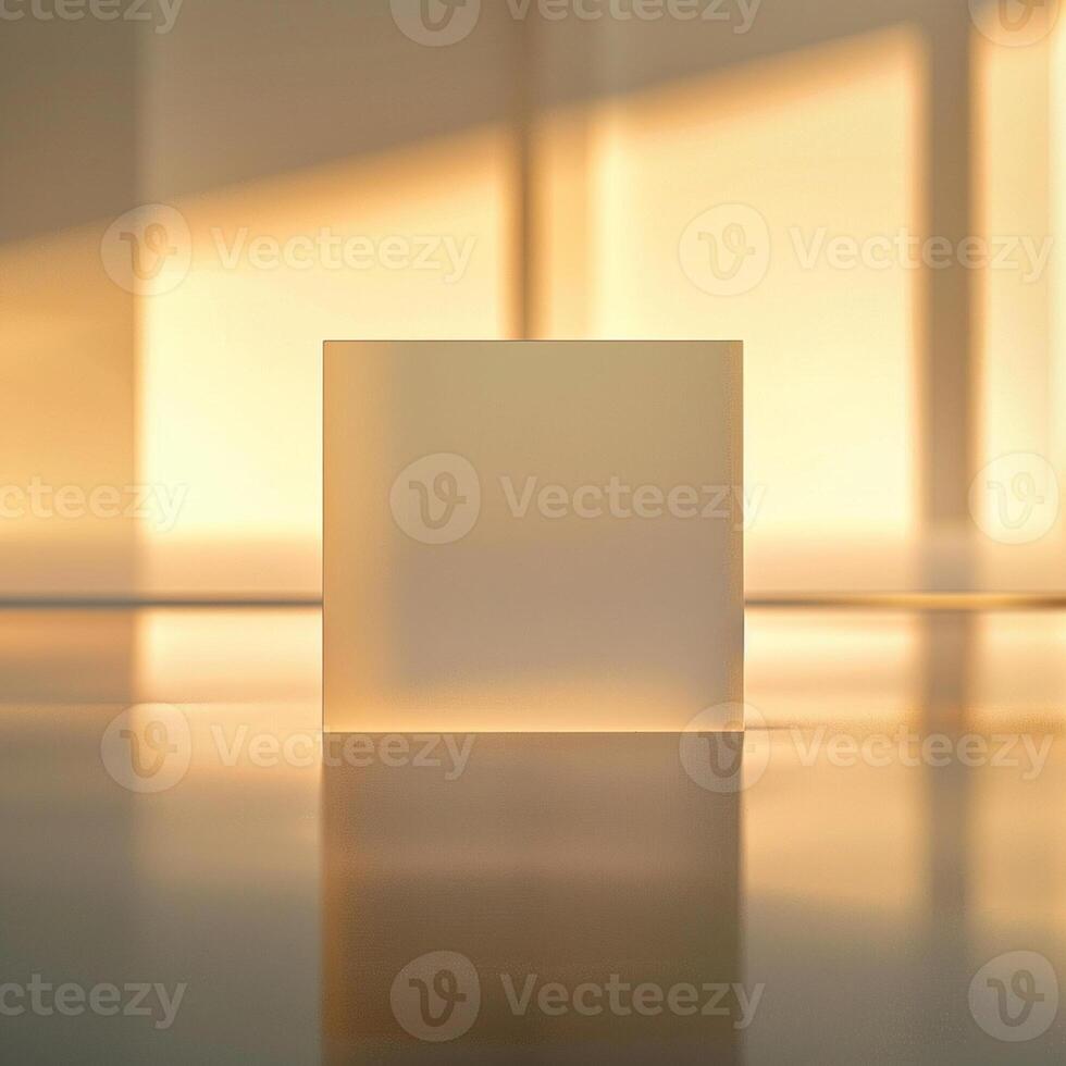 A white cube sitting on a table in front of a window photo