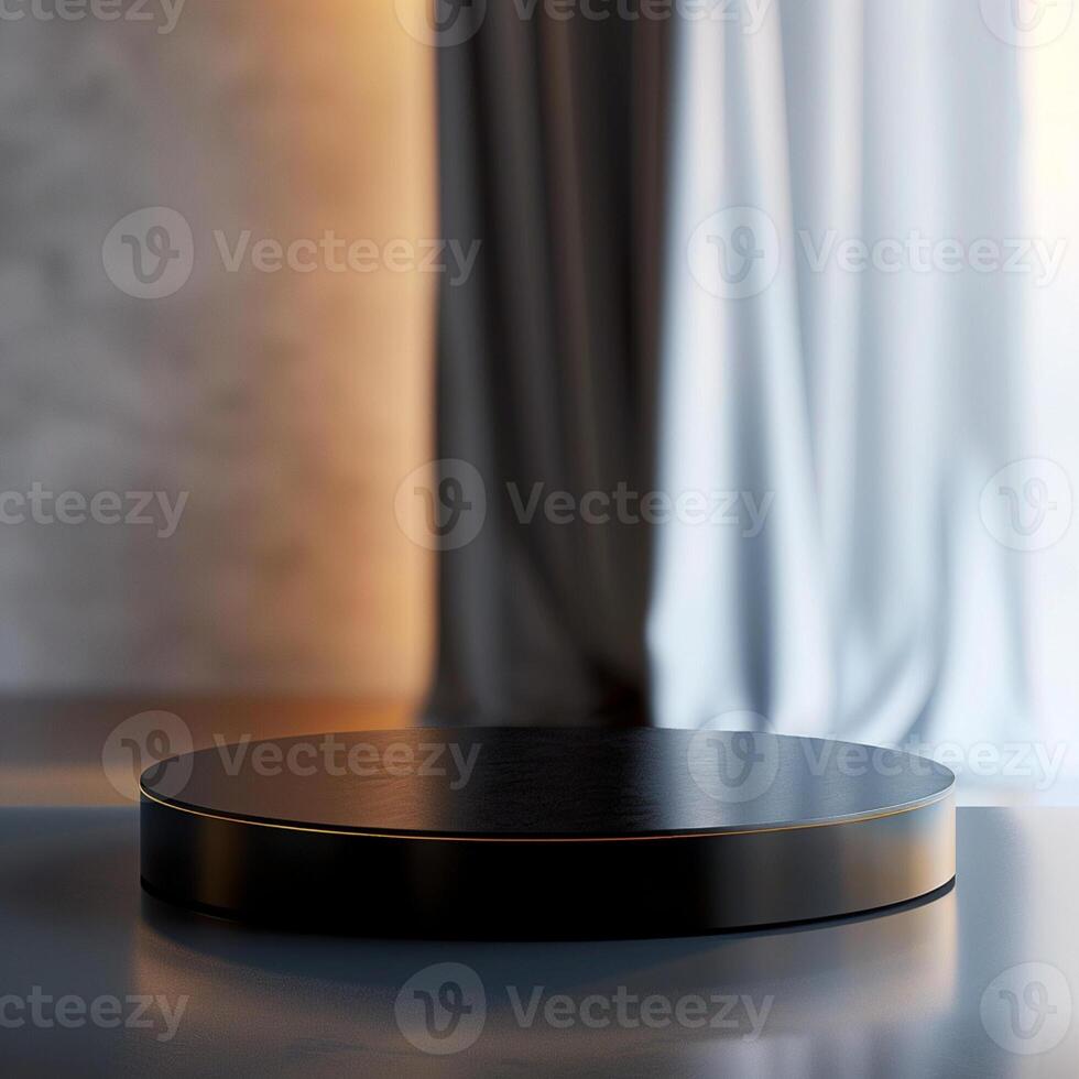A black round table on a table in front of a window photo