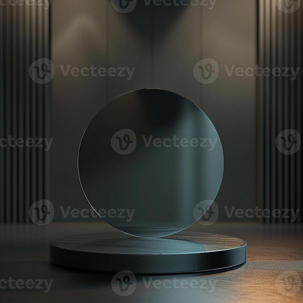 A black glass sphere on a pedestal in front of a wall photo
