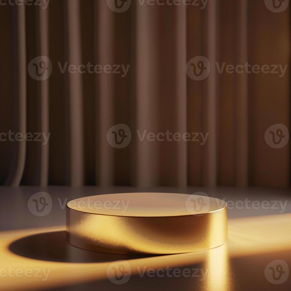 Gold podium with light on it in front of a curtain photo