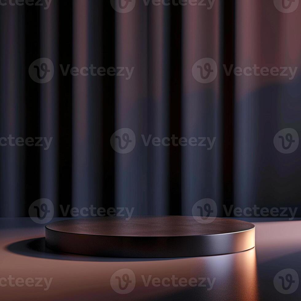 An empty podium on a table in front of a curtain photo