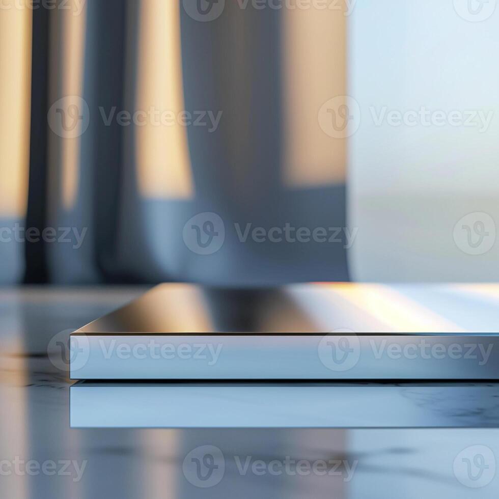 A modern glass table with a silver surface photo