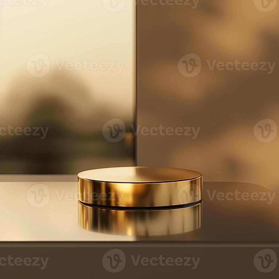 A golden object sitting on a table in front of a window photo