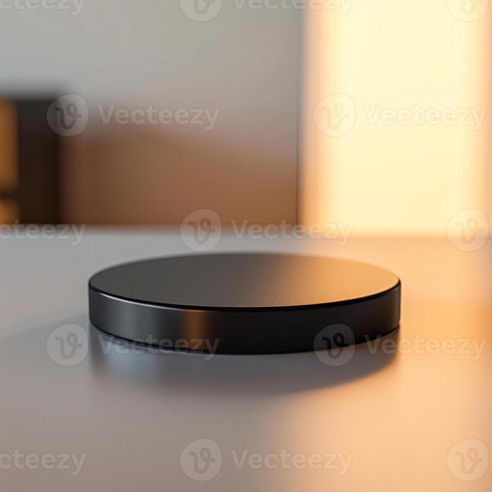 A black circular object on a table photo