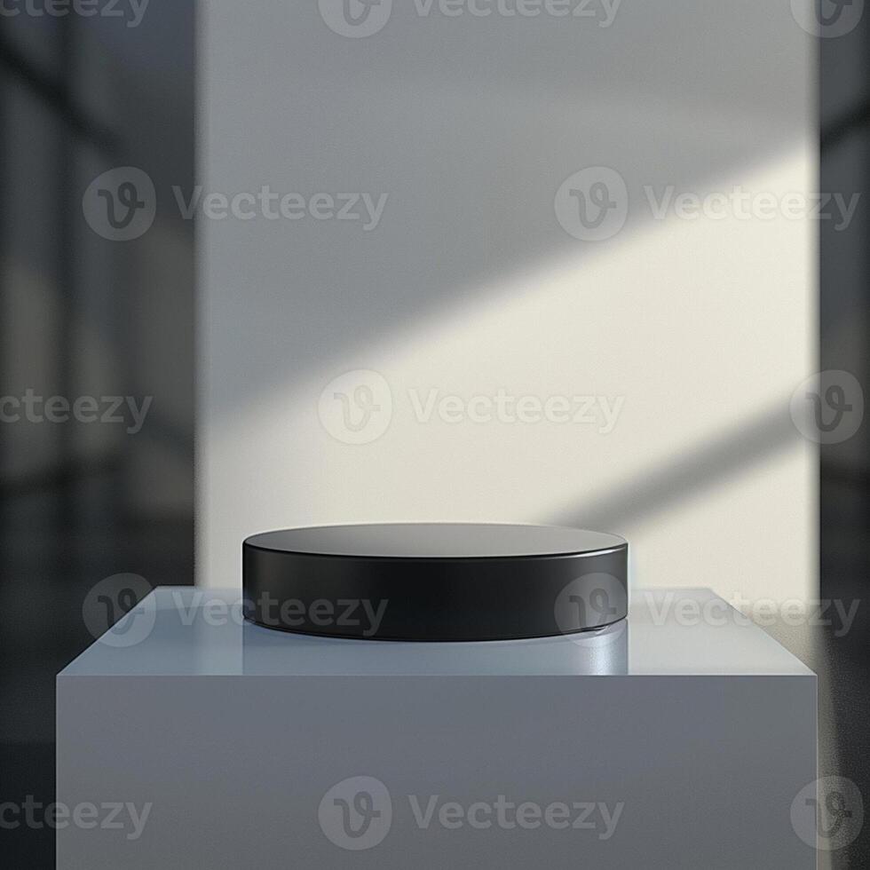 A black object on a white pedestal in front of a window photo