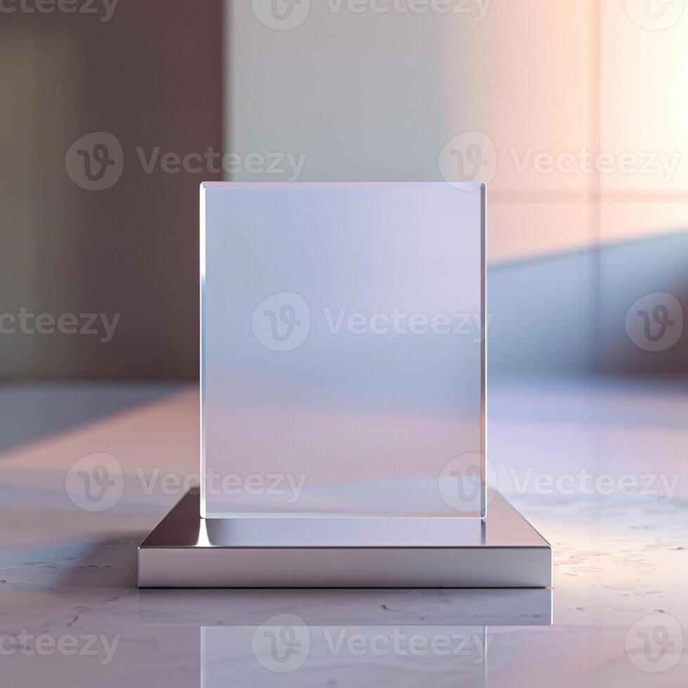 A glass award on a table in front of a window photo
