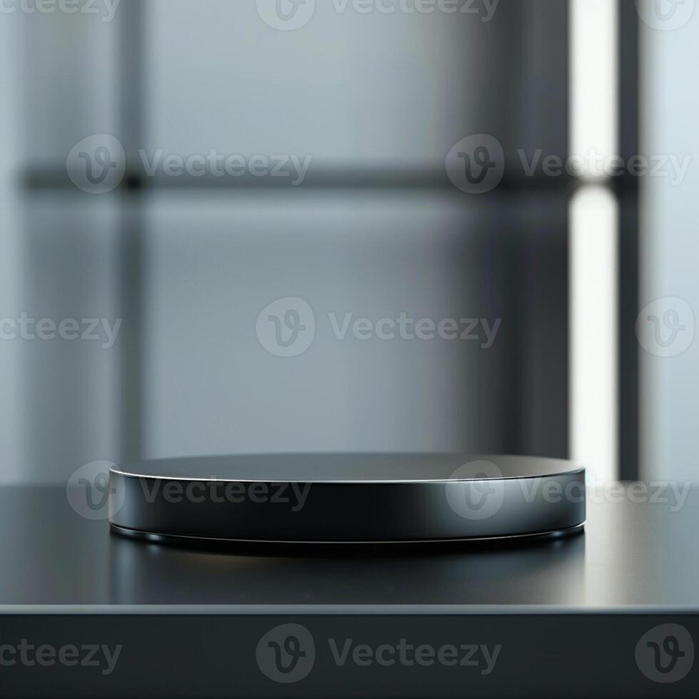 A black circular object on a table in front of a window photo