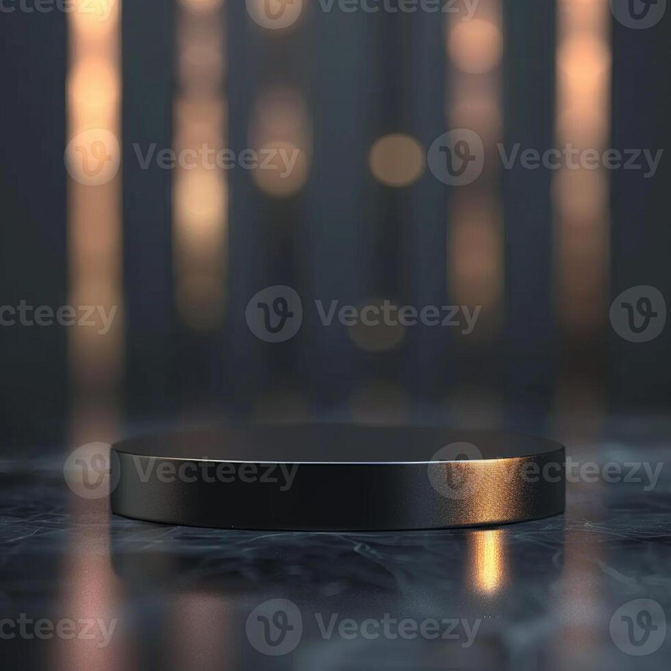 A black round object on a table in front of a blurred background photo